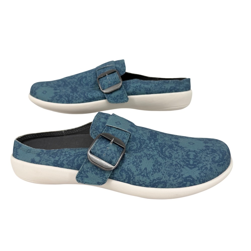 Revitalign Siesta Mule Shoes 9.5 Blue Patterned Orthotic Buckle Slip On